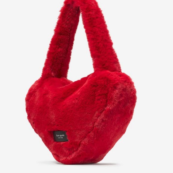 NEW Kate Spade Luver Huge Soft Faux Fur Heart KJ902 Cherry Rouge Shoulder Tote - Picture 4 of 6